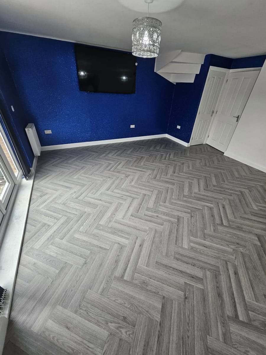grey herringbone blue room, fitted by BDL Carpets & Vinyl in Sheffield